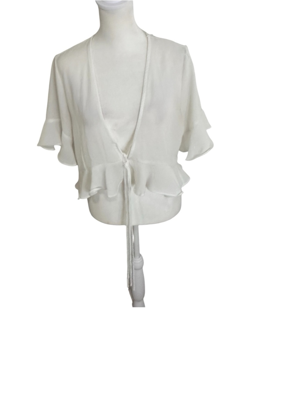 Polly White Tie Front Flutter Sleeve Ruffle Hem Blouse Size 10